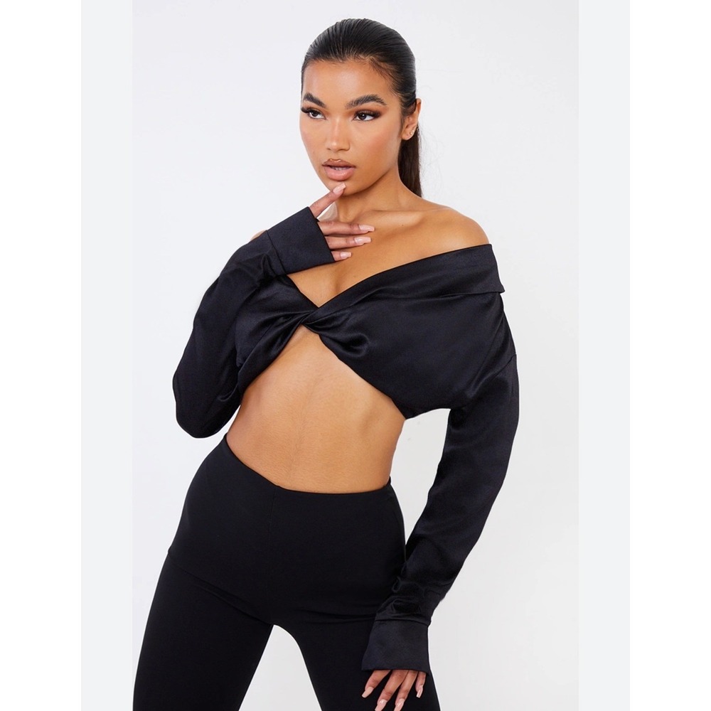 Micas  Crop Top‎ Off Shoulder Long Sleeve Twist Front Party Black Size L